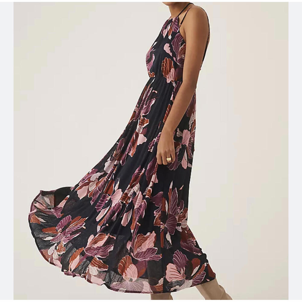 ANTHROPOLOGIE navy floral maxi dress sz XS